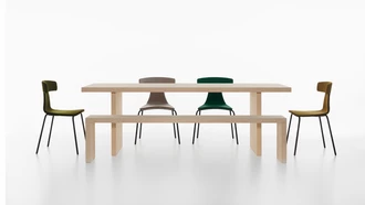 Remo upholstered in fabric and bench table group in solid spruce