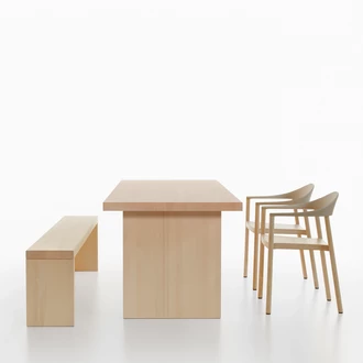 Monza armchair in natural ash with backrest in cafe latte and bench table group made of solid spruce